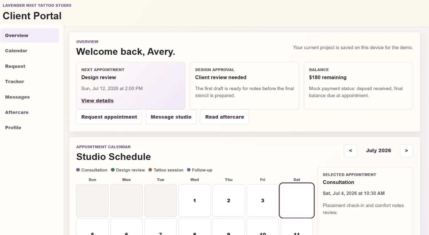 Client portal dashboard showing appointment details, navigation, and account tools.