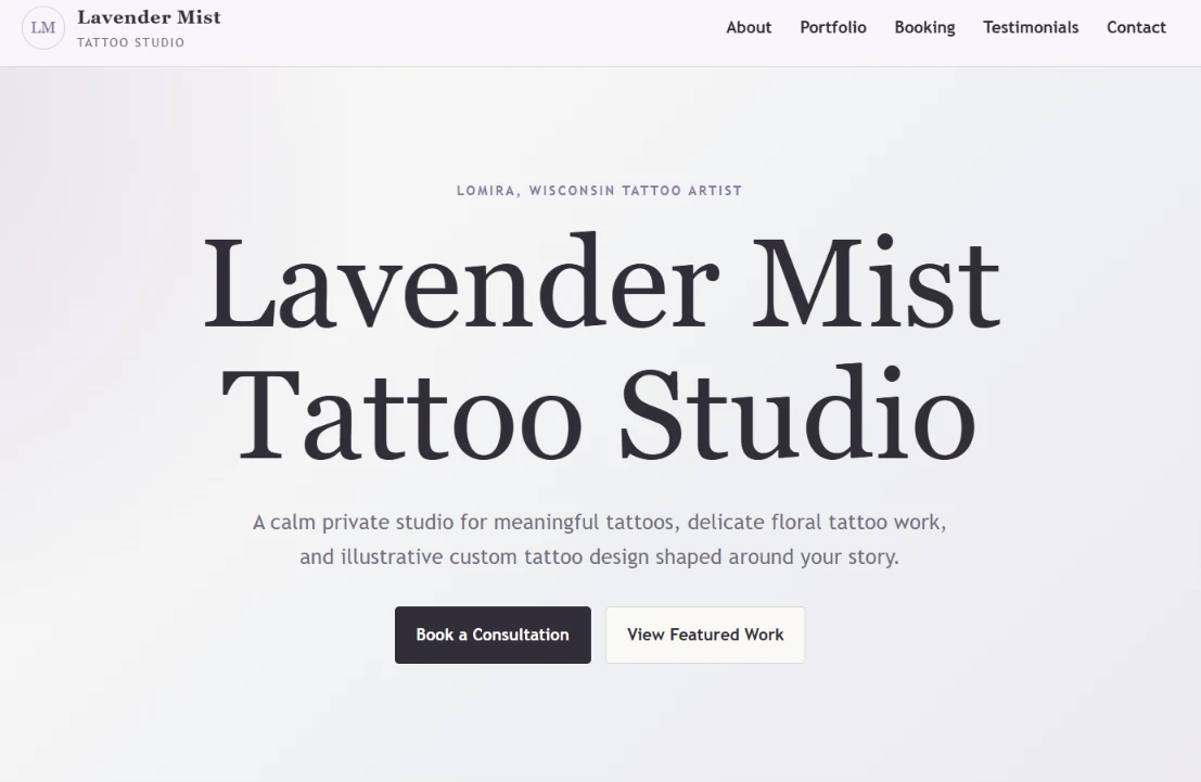 Tattoo studio website homepage with artwork, service information, and booking navigation.