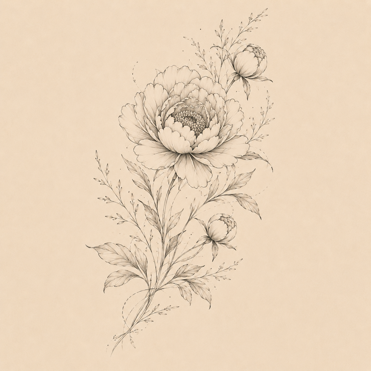 Floral peony tattoo concept with fine leaves and soft gray linework