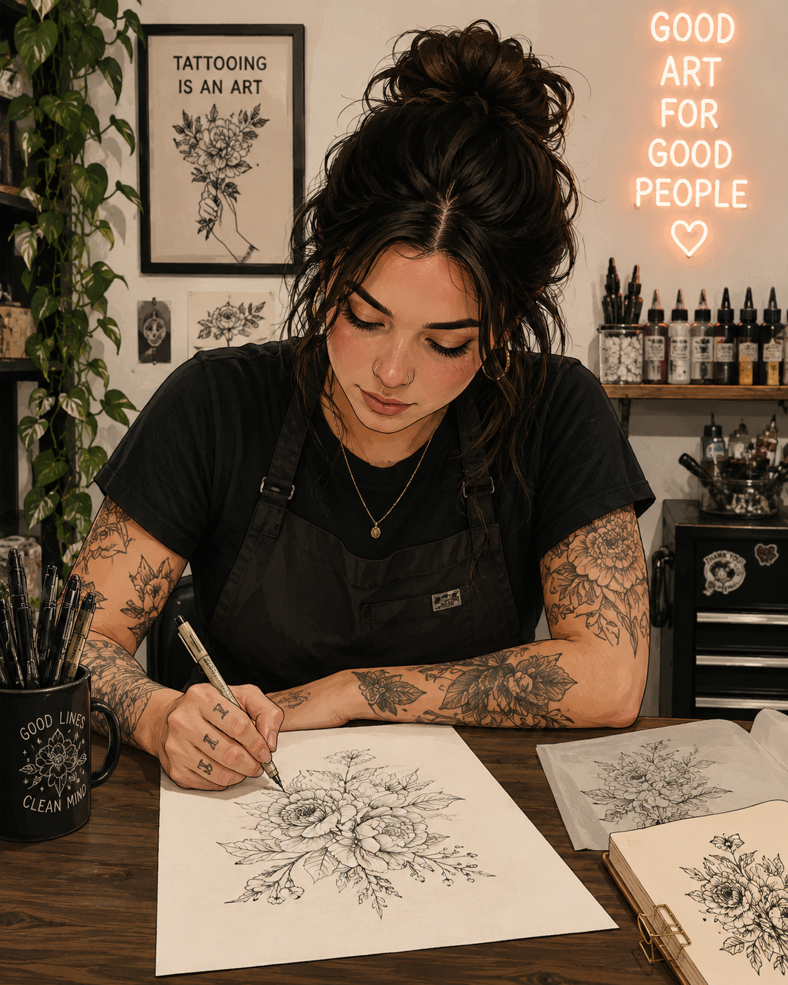 Illustrated portrait of a tattoo artist preparing a fine line floral design at a studio table